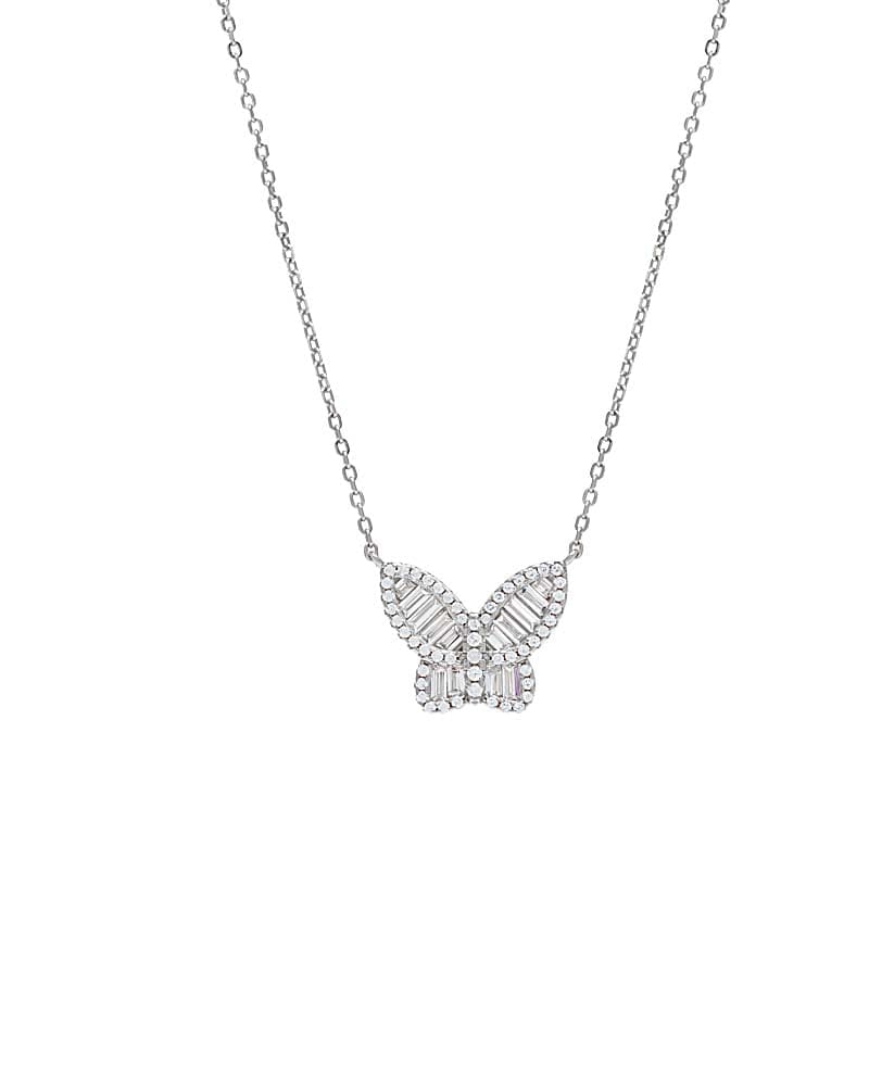 Front of a size One Size Small Pave X Baguette Butterfly Necklace Silver One Size in Silver by By Adina Eden. | dia_product_style_image_id:292449